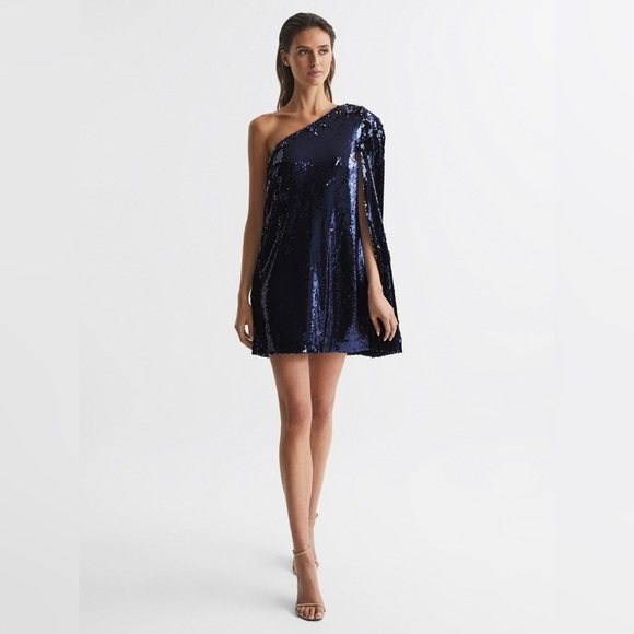REISS Eva Sequin Cape One Shoulder Mini Dress in Blue Size 8 Party Holiday - Picture 1 of 8